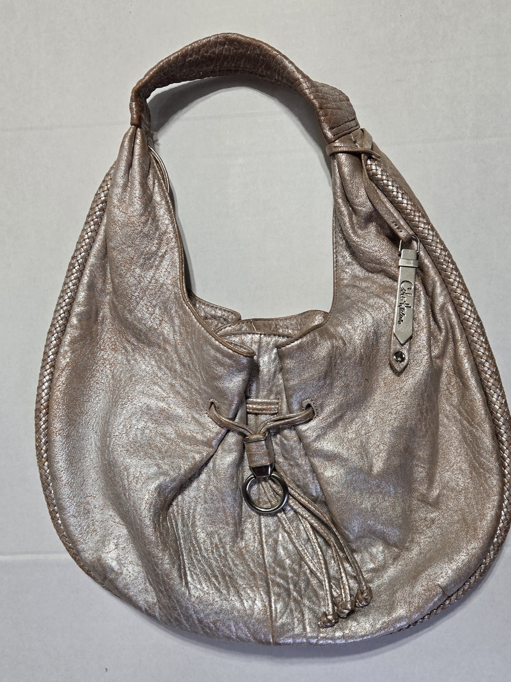 Cole Haan Metallic Champagne Pebbled Hobo Shoulder Bag Tassel & Bag Charm - Picture 6 of 9